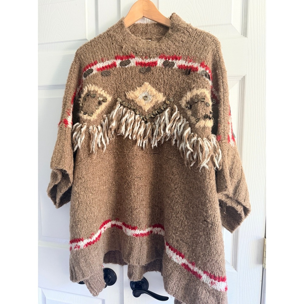 Free People Fringe Boho Poncho Sweater XS/S Brown Boho Coin Trim Wool Blend